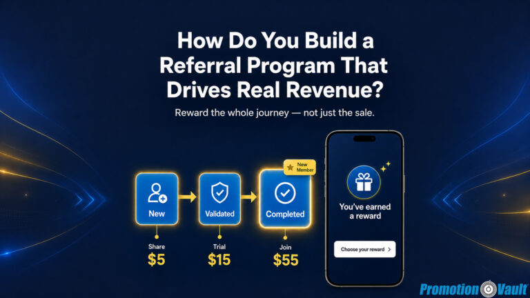 Widescreen Promotion Vault featured graphic on a dark navy background with soft blue and gold light streaks. Bold white headline reads "How Do You Build a Referral Program That Drives Real Revenue?" above the subhead "Reward the whole journey — not just the sale." A three-stage ReferralVault reward pipeline runs left to right: a blue "New" card with a person-plus icon, a "Validated" card with a shield checkmark, and a "Completed" card with a circled checkmark topped by a gold "New Member" star badge, all linked by gold arrows. Beneath each stage, gold dollar amounts show the escalating tiered rewards "Share $5," "Trial $15," and "Join $55." At right, a smartphone displays a branded reward notification with a gift icon reading "You've earned a reward" and a white "Choose your reward" button. The Promotion Vault logo sits in the lower-right corner.