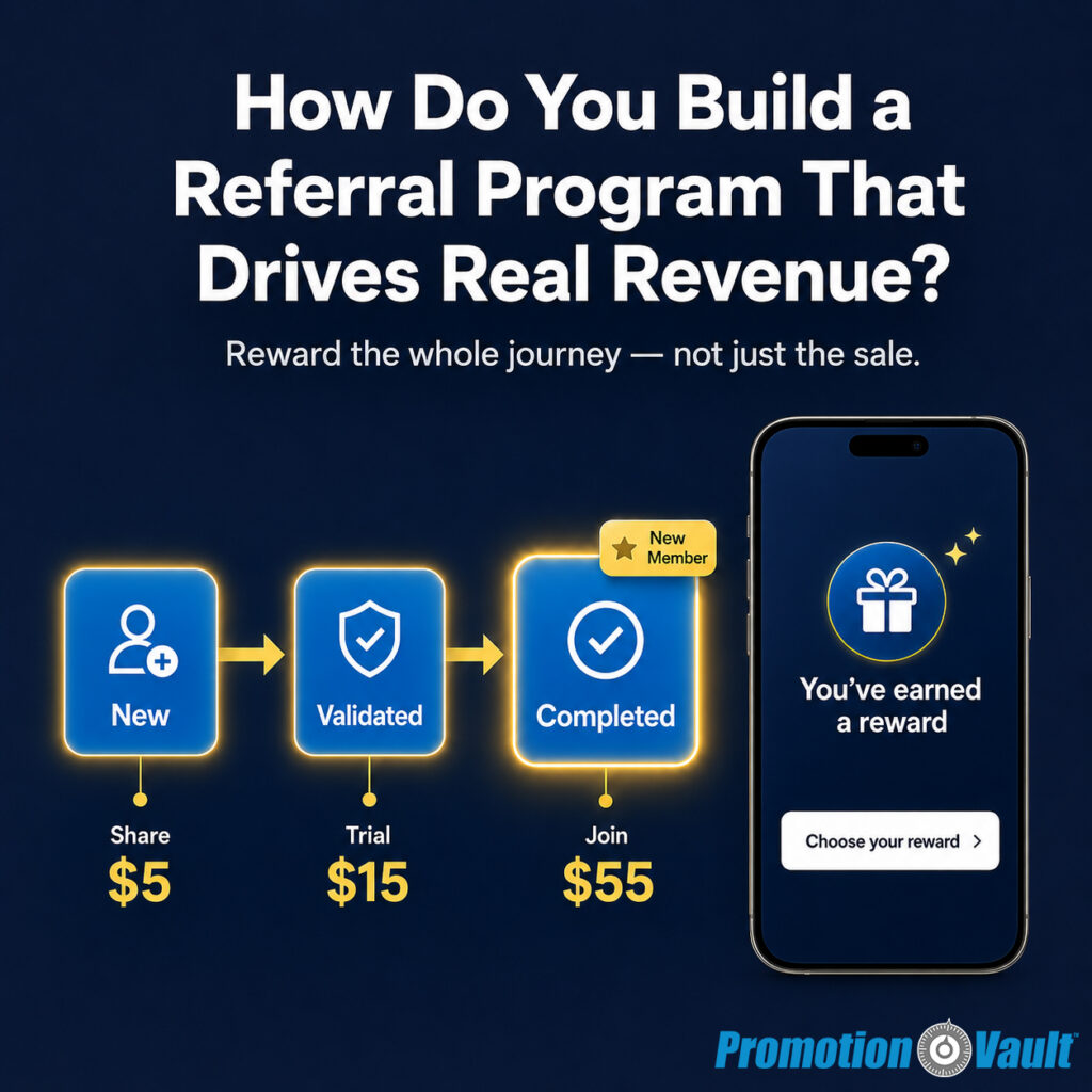 Square Promotion Vault graphic on a solid dark navy background. Bold white headline reads "How Do You Build a Referral Program That Drives Real Revenue?" with the subhead "Reward the whole journey — not just the sale." A tiered ReferralVault pipeline moves left to right through three glowing blue cards — "New" (person-plus icon), "Validated" (shield checkmark), and "Completed" (circled checkmark) — connected by gold arrows, with a gold "New Member" star badge on the final card. Gold dollar figures below each card show the rewards "Share $5," "Trial $15," and "Join $55." To the right, a smartphone shows a branded reward screen with a gift icon, the message "You've earned a reward," and a white "Choose your reward" button. The Promotion Vault logo appears at the bottom.