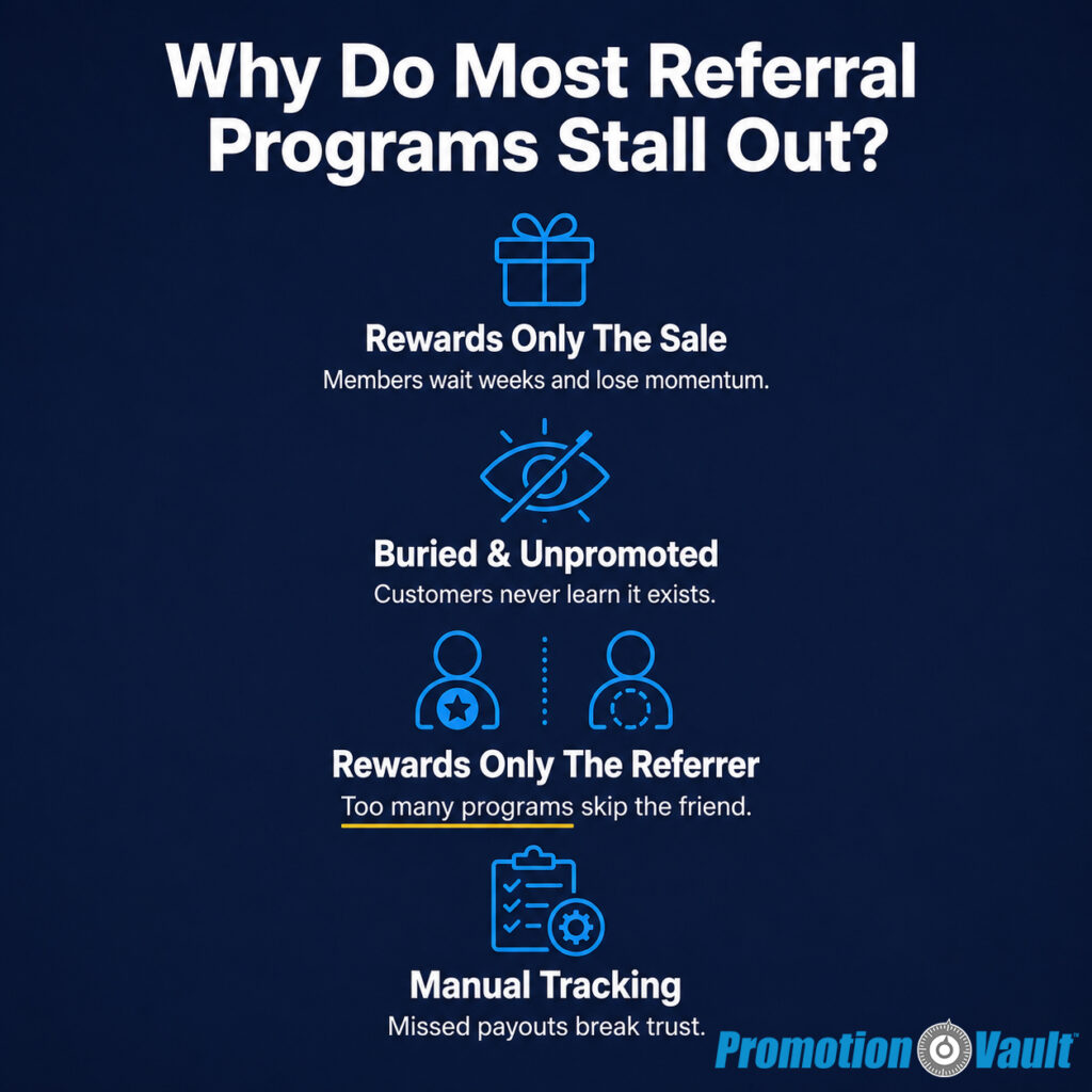 Square Promotion Vault infographic on a dark navy background titled "Why Do Most Referral Programs Stall Out?" in bold white text. Four stacked failure points each pair a cerulean-blue line icon with a bold white label and a short description. A gift-box icon marks "Rewards Only The Sale — Members wait weeks and lose momentum." A crossed-out eye marks "Buried & Unpromoted — Customers never learn it exists." Two head-and-shoulders icons, one with a star and one in a dashed outline, mark "Rewards Only The Referrer — Too many programs skip the friend," with a gold underline beneath "Too many programs." A clipboard-and-gear icon marks "Manual Tracking — Missed payouts break trust." The Promotion Vault logo sits in the lower-right corner.