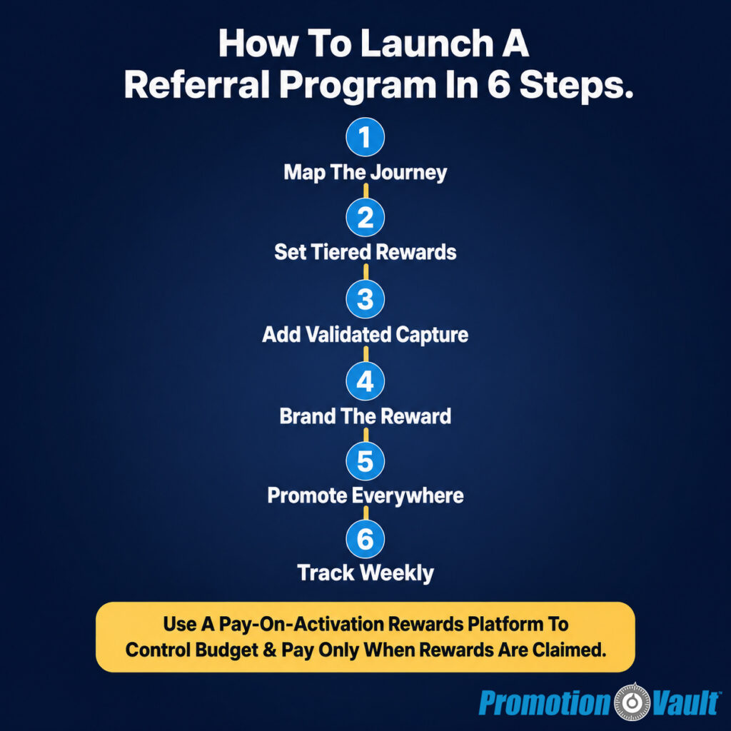 Square Promotion Vault how-to infographic on a dark navy background titled "How To Launch A Referral Program In 6 Steps" in bold white text. A vertical path of six blue numbered circles, connected by a gold line, lists each step in white: "1 Map The Journey," "2 Set Tiered Rewards," "3 Add Validated Capture," "4 Brand The Reward," "5 Promote Everywhere," and "6 Track Weekly." A gold rounded callout box at the bottom reads in dark text, "Use A Pay-On-Activation Rewards Platform To Control Budget & Pay Only When Rewards Are Claimed." The Promotion Vault logo appears in the lower-right corner.