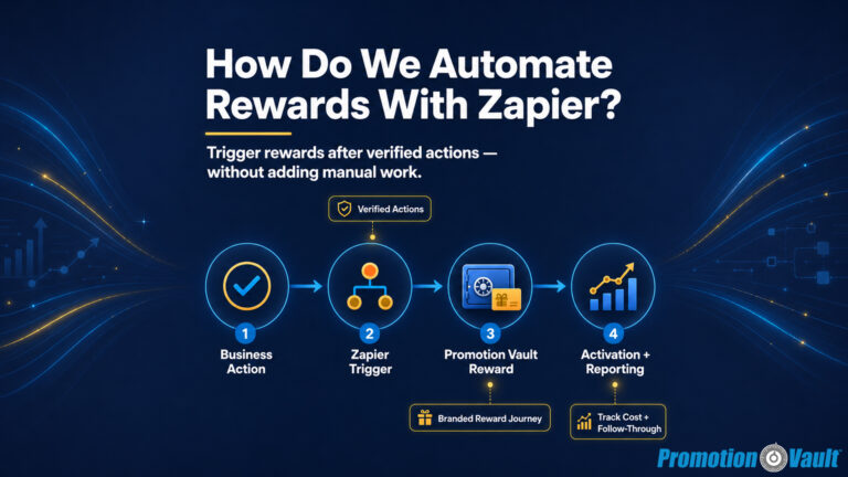 16:9 Promotion Vault featured image with the headline “How Do We Automate Rewards With Zapier?” and the subhead “Trigger rewards after verified actions — without adding manual work.” The central workflow shows four connected steps: “Business Action,” “Zapier Trigger,” “Promotion Vault Reward,” and “Activation + Reporting.” Supporting callouts read “Verified Actions,” “Branded Reward Journey,” and “Track Cost + Follow-Through.” The dark blue, data-driven design uses blue and gold directional graphics to guide attention toward the reward automation process.