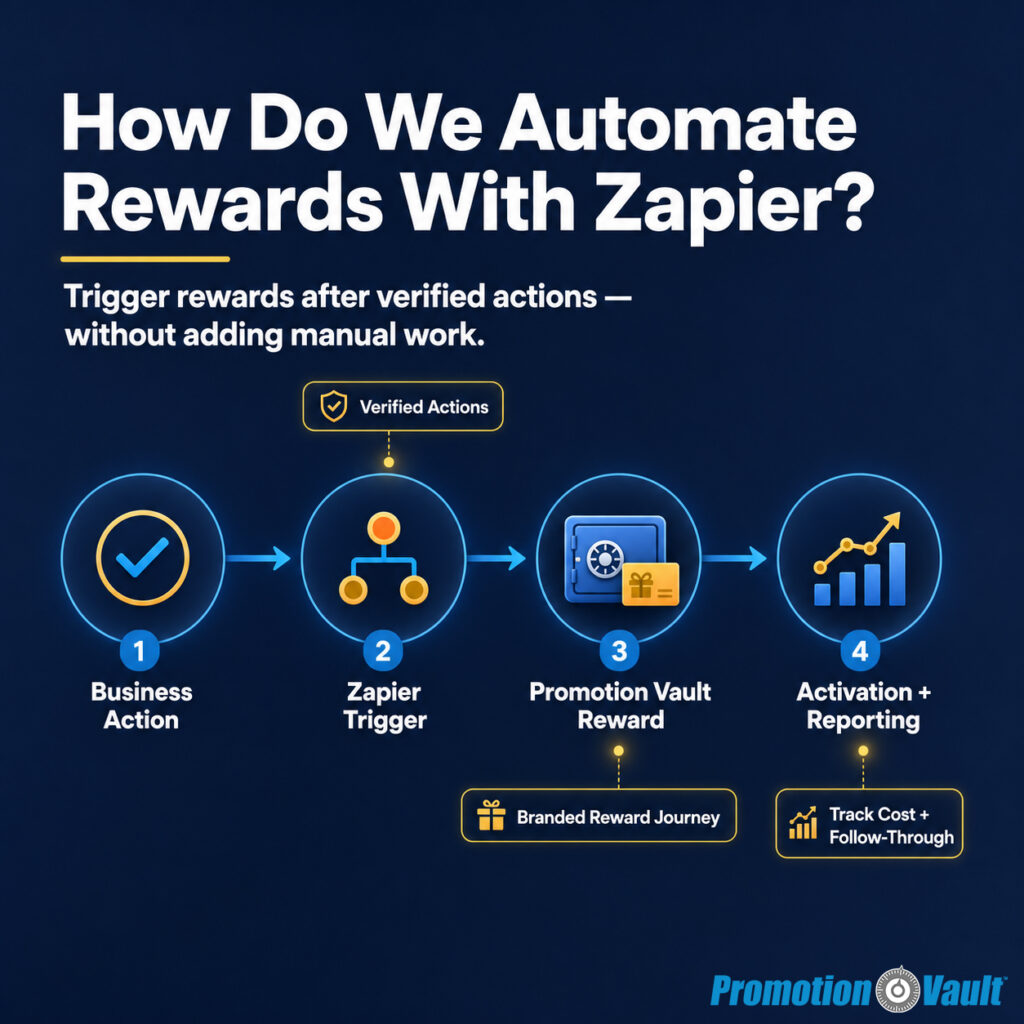 1:1 Promotion Vault infographic with the headline “How Do We Automate Rewards With Zapier?” and the subhead “Trigger rewards after verified actions — without adding manual work.” A four-step workflow explains how reward automation works: “Business Action,” “Zapier Trigger,” “Promotion Vault Reward,” and “Activation + Reporting.” Callout labels highlight “Verified Actions,” “Branded Reward Journey,” and “Track Cost + Follow-Through.” The graphic uses a dark blue background, white bold typography, blue workflow arrows, and gold reward highlights.