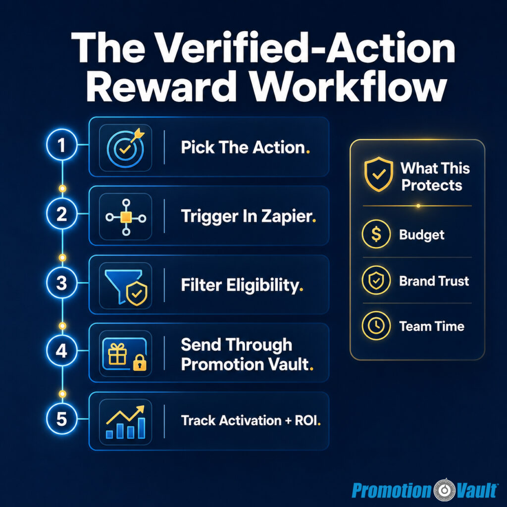 1:1 Promotion Vault infographic titled “The Verified-Action Reward Workflow.” A vertical five-step process shows how to automate rewards with Zapier and Promotion Vault: “Pick The Action,” “Trigger In Zapier,” “Filter Eligibility,” “Send Through Promotion Vault,” and “Track Activation + ROI.” A side panel titled “What This Protects” lists “Budget,” “Brand Trust,” and “Team Time.” The dark blue dashboard-style design uses white typography, blue workflow elements, gold checkmarks, and clear step-by-step reward automation guidance.