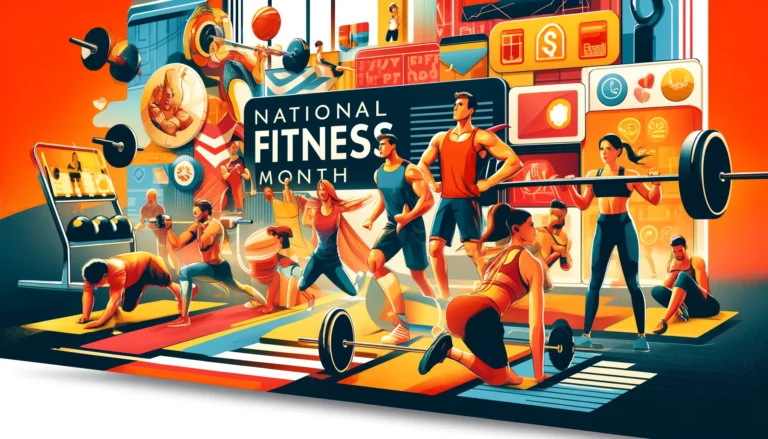 The image features a vibrant gym scene with a diverse group of people engaged in various activities such as weightlifting, running on treadmills, and practicing yoga. The background includes a large banner celebrating National Fitness Month, and there are smaller images of gift cards for sportswear, healthy foods, and wellness products integrated into the design, creating an energetic and motivational atmosphere.