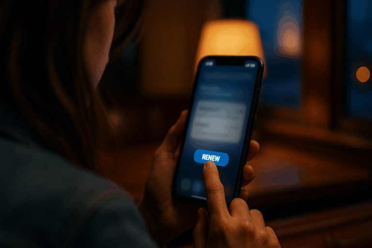 A woman clicks "renew" after receiving a prompt to renew early and get a $10 instant gift card reward.