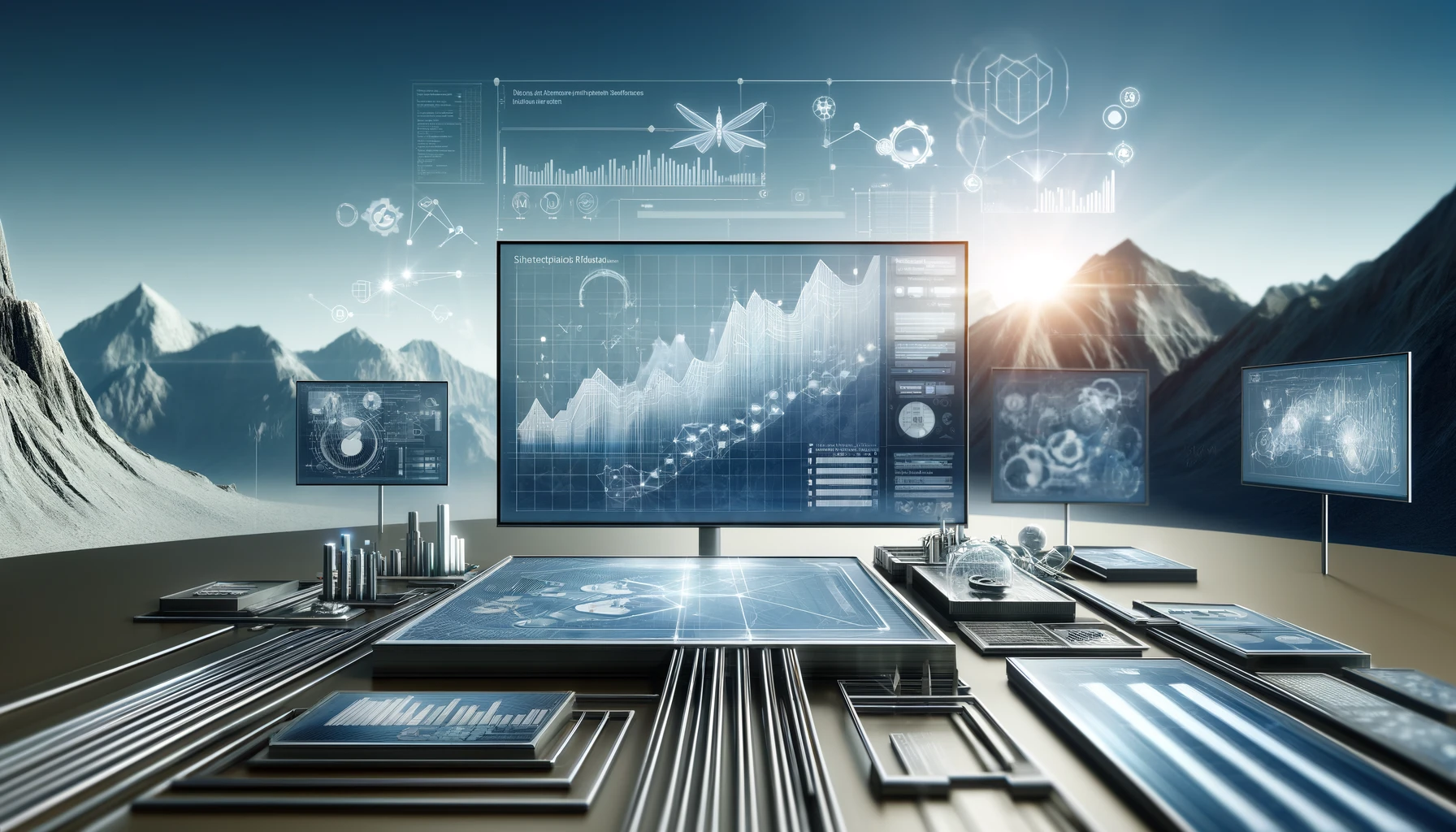 This image depicts a professional and modern landscape-oriented scene featuring a sleek, high-tech dashboard. It displays various graphs and analytics, symbolizing data automation in a corporate setting. The dashboard includes digital screens, flow charts, and connection lines that represent the integration between different software platforms. The color palette is primarily blue, gray, and white, enhancing the corporate and innovative feel of the image.