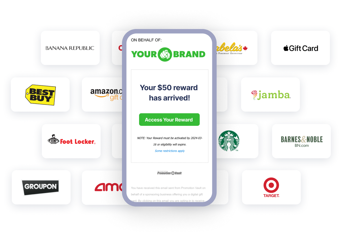 Promotion Vault lets you instantly engage your customers and prospects with gift card rewards from dozens of popular brands — driving the actions you need.