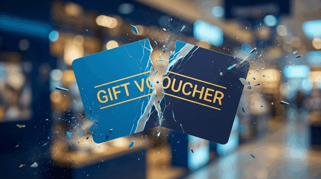 A gift card literally breaks in half in this AI illustration of gift card breakage — which can have serious impacts on incentive programs.
