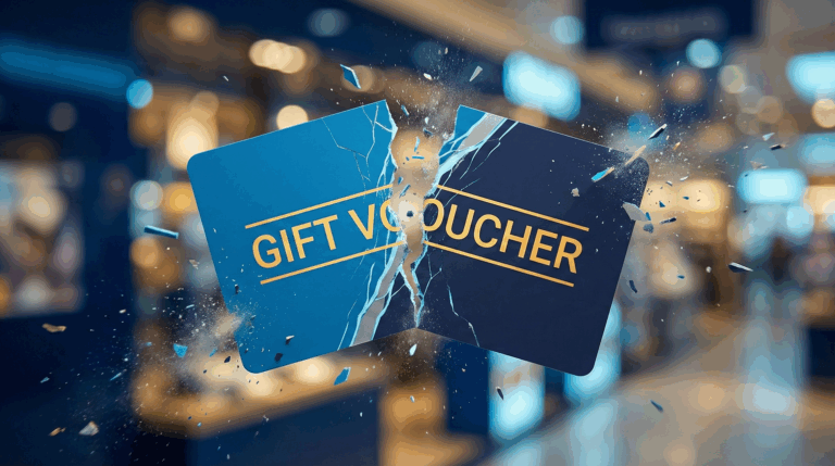 A gift card literally breaks in half in this AI illustration of gift card breakage — which can have serious impacts on incentive programs.