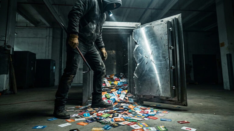 Gift cards spill out of a safe a thief just broke into in this AI illustration meant to represent the dangers of fraud in instant digital gift card rewards.
