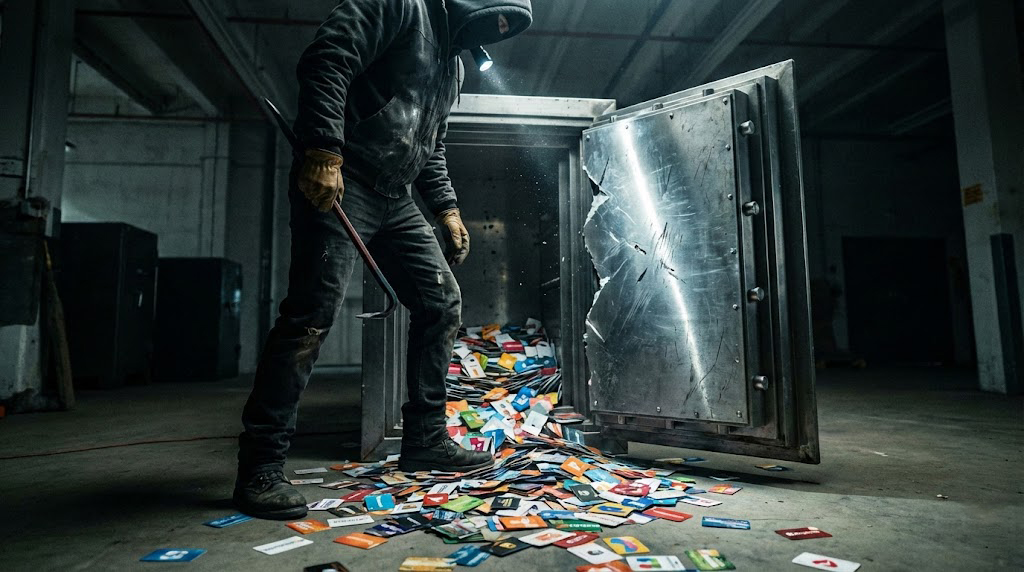 Gift cards spill out of a safe a thief just broke into in this AI illustration meant to represent the dangers of fraud in instant digital gift card rewards.