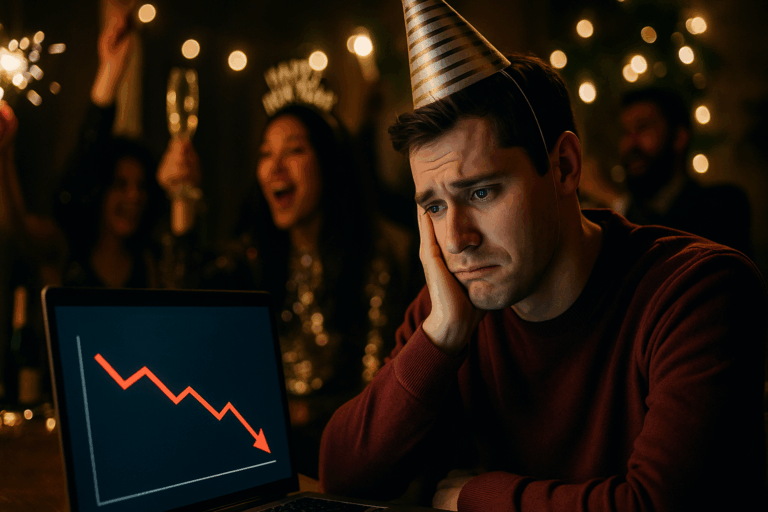 A disappointed business operator looks at their end of year goals while people in the background celebrate New Year's Eve. If only they had used digital gift card instant rewards!