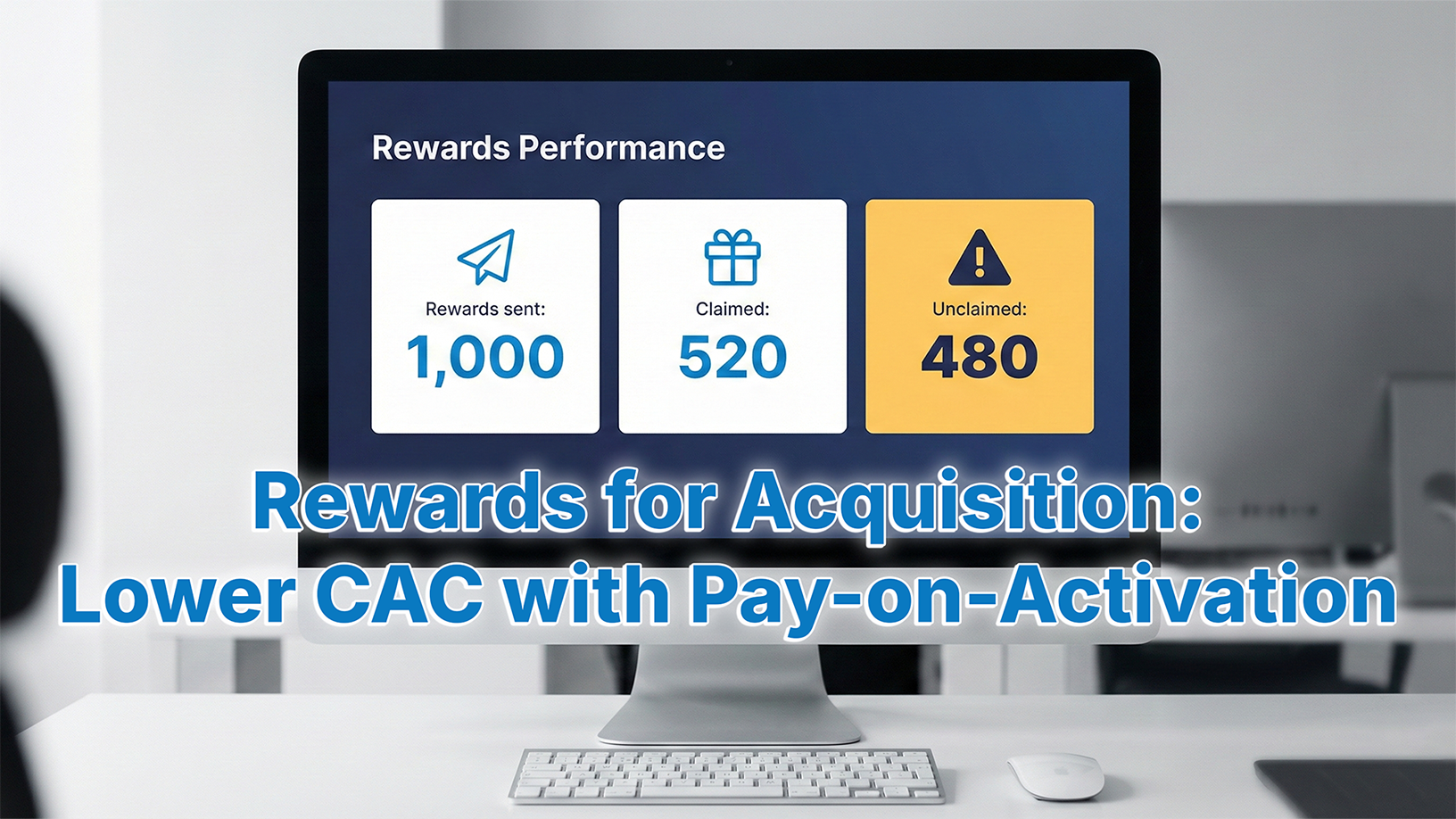 A computer shows rewards sent, rewards claimed, and rewards unclaimed. Below is in title text is "Rewards for Acquisition: Lower CAC with Pay-on-Activation"