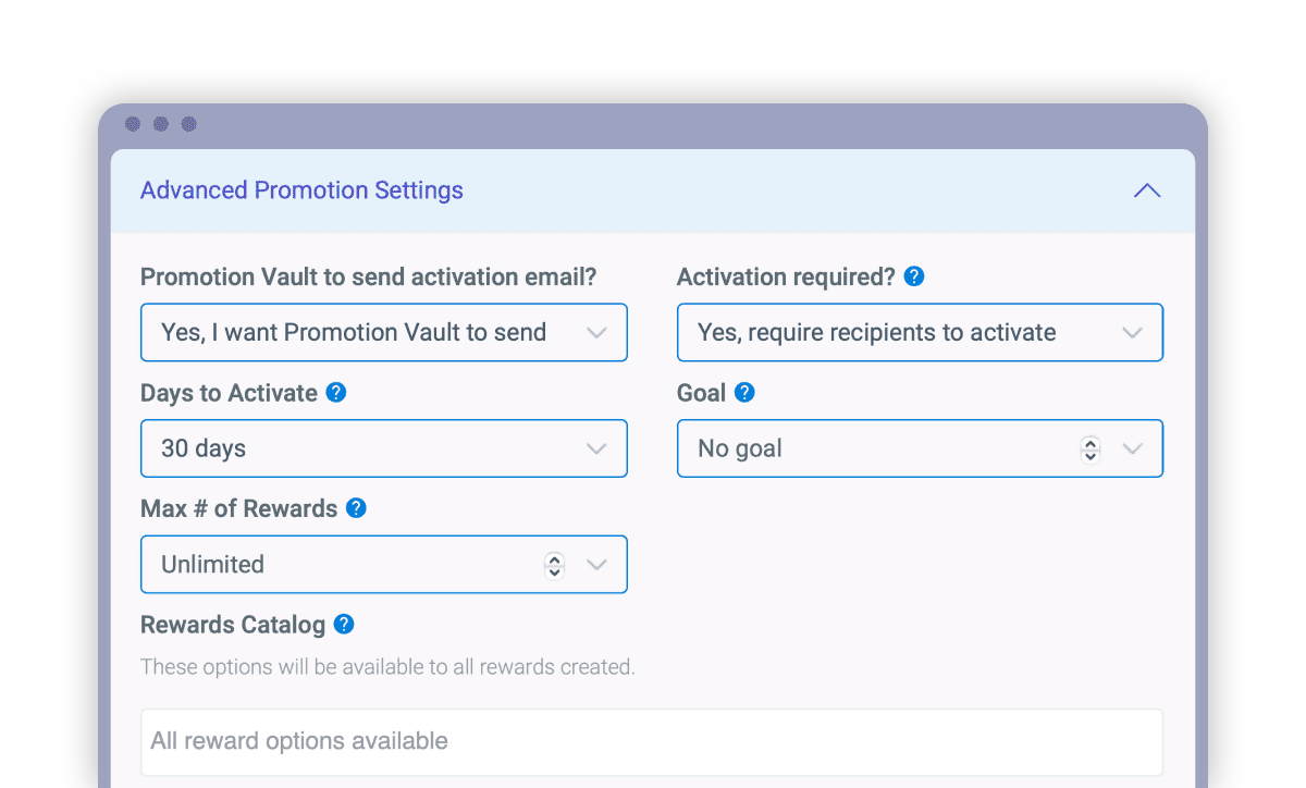 A look at activation settings within Promotion Vault's platform.