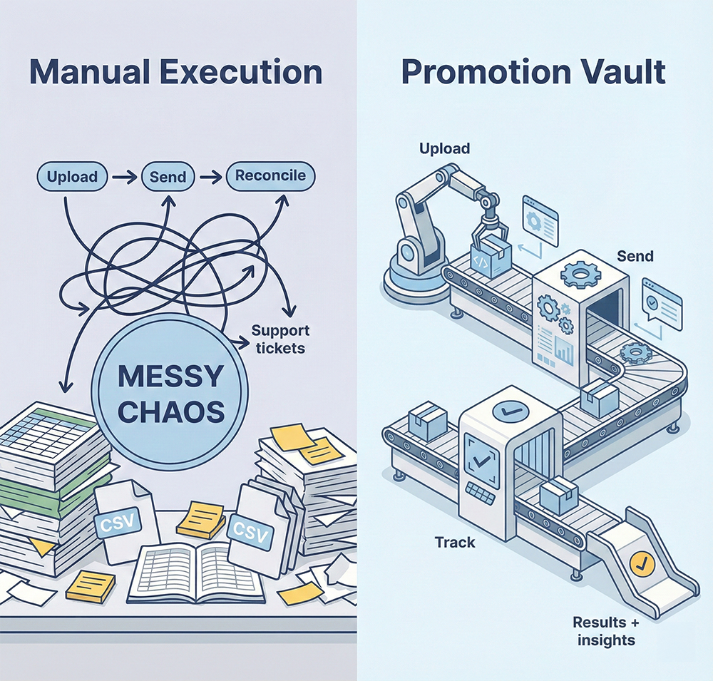 A messy and chaotic flow on the left represents manual execution of a rewards program, while a clean and orderly assembly line on the right represents Promotion Vault's reward fulfillment process.