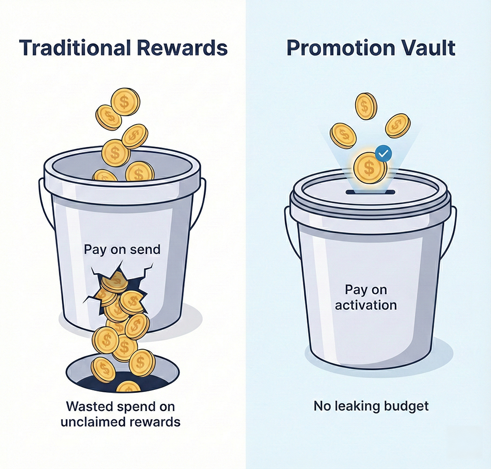 Two buckets representing traditional rewards with upfront payment on send vs Promotion Vault's pay-on-activation model.