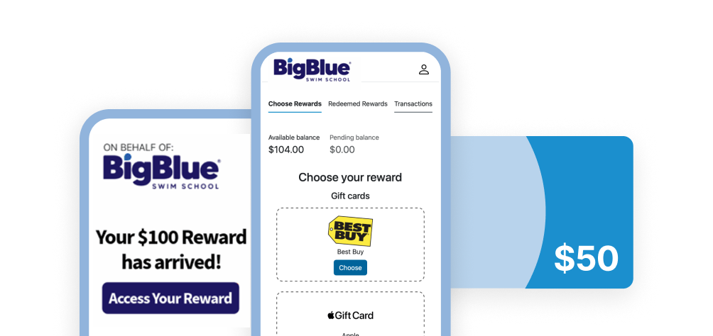 A promotional graphic for a rewards program featuring BigBlue Swim School. At the center, a smartphone shows the BigBlue app with tabs (Choose Rewards, Redeemed Rewards, Transactions), an available balance of $104.00 and pending balance of $0.00, and a “Choose your reward” section listing gift cards including Best Buy (with a Choose button) and a partially visible Apple Gift Card. On the left, a panel reads “On behalf of: BigBlue Swim School — Your $100 Reward has arrived! Access Your Reward.” On the right, a blue gift card-style graphic displays “$50.”