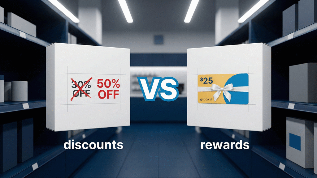 Two boxes stand in contrast to each other. On the left is a box that says "discounts". On the right is a box that says "rewards". Research from BHN (Blackhawk Network) shows that instant rewards have better ROI than discounts.
