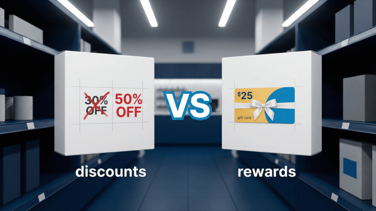 Two boxes stand in contrast to each other. On the left is a box that says "discounts". On the right is a box that says "rewards". Research from BHN (Blackhawk Network) shows that instant rewards have better ROI than discounts.