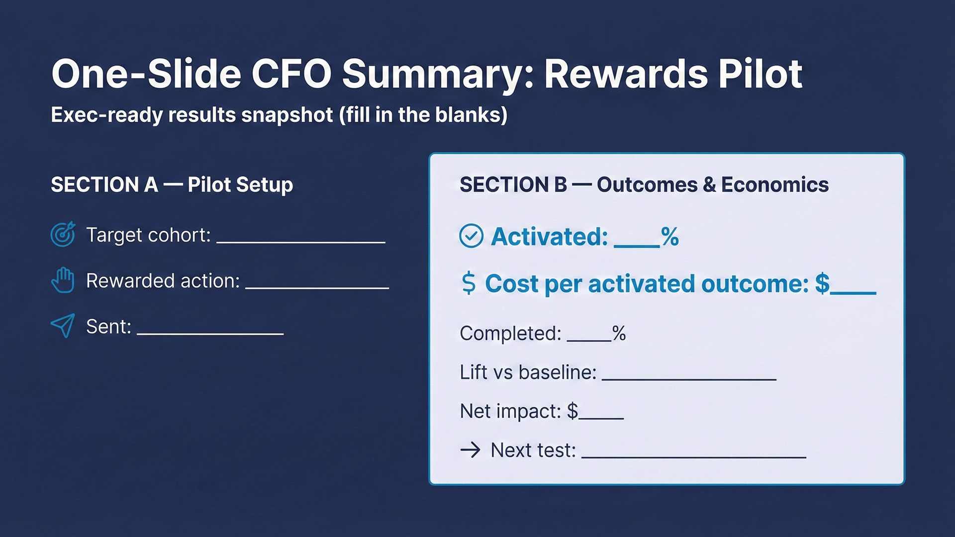 Exec-ready ‘One-Slide CFO Summary: Rewards Pilot’ template showing fill-in fields for target cohort, rewarded action, sent, activated %, completed %, cost per activated outcome, lift vs baseline, net impact, and next test.