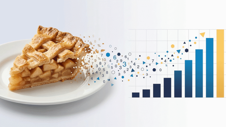 A realistic slice of apple pie on a white plate dissolves from its right edge into a stream of floating numbers and blue and gold geometric data fragments. These particles flow to the right, reforming into a minimal, upward-trending bar chart to illustrate the concept of incentive math , visually representing how reward programs can transform into a defensible operating model with clear ROI.