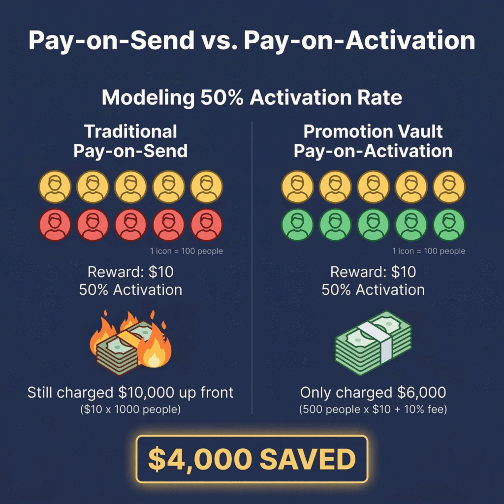 Side-by-side infographic comparing pay-on-send with pay-on-activation, showing 1,000 rewards sent, 50% activated, and a lower total cost under activation-based pricing.
