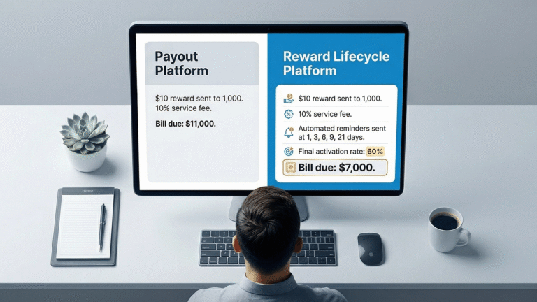 A business operator compares rewards and incentives software for customer acquisition. On the left of his screen is the bill for $11,000 from a basic payout platform tool for sending 1,000 $10 rewards with a 10% service fee. On the right is the bill from a lifecycle rewards platform. The bill is only $7,000 for sending the same amount of equally priced rewards — and includes detailed analytics and automated follow-up.