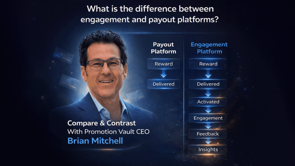 Promotion Vault promotional graphic asking, “What is the difference between engagement and payout platforms?” A portrait of a suited man (Promotion Vault CEO Brian Mitchell) appears beside a side-by-side chart showing that a payout platform stops at reward delivery, while an engagement platform continues through activation, engagement, feedback, and insights, with text promoting a compare-and-contrast with CEO Brian Mitchell.