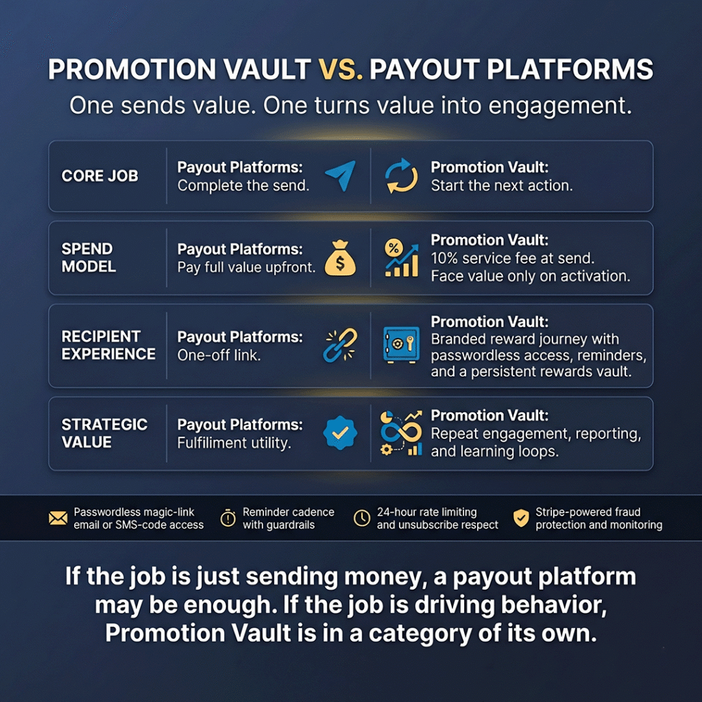 Infographic comparing Promotion Vault vs. payout platforms, showing that payout tools complete a one-time send while Promotion Vault drives the next action with pay-on-activation pricing, a branded rewards vault, passwordless access, reminder cadence, and repeat engagement.
