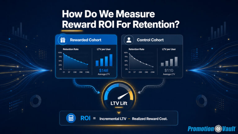 Promotion Vault 16:9 featured image explaining how to measure reward ROI for retention, showing a Rewarded Cohort compared with a Control Cohort, retention-rate and LTV-per-user charts, an LTV Lift gauge, and the formula ‘ROI = Incremental LTV − Realized Reward Cost.’