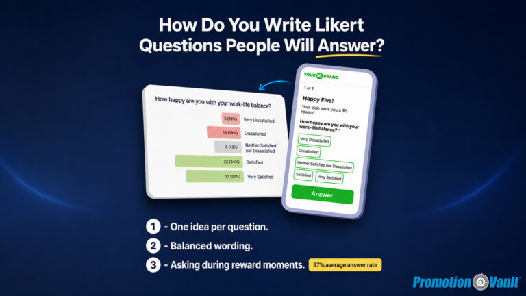 romotion Vault infographic explaining how to write effective Likert survey questions. A branded mobile reward survey asks about work-life balance beside a results chart showing satisfaction responses. Three recommendations emphasize one idea per question, balanced wording, and asking during the reward moment, with a 97% average answer-rate callout.