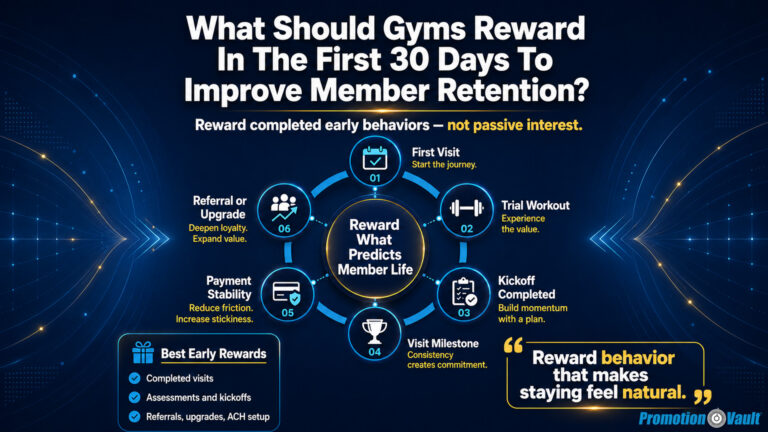 Featured image for an article titled ‘What Should Gyms Reward In The First 30 Days To Improve Member Retention?’ on a dark muted blue gradient background. White bold text states ‘Reward completed early behaviors — not passive interest.’ A central circular graphic reads ‘Reward What Predicts Member Life’ and is surrounded by six labeled milestones: ‘First Visit,’ ‘Trial Workout,’ ‘Kickoff Completed,’ ‘Visit Milestone,’ ‘Payment Stability,’ and ‘Referral or Upgrade.’ A side section titled ‘Best Early Rewards’ lists ‘Completed visits,’ ‘Assessments and kickoffs,’ and ‘Referrals, upgrades, ACH setup.’ A highlighted line says ‘Reward behavior that makes staying feel natural.’ The image uses cerulean blue and warm yellow accents and a premium data-driven editorial style.