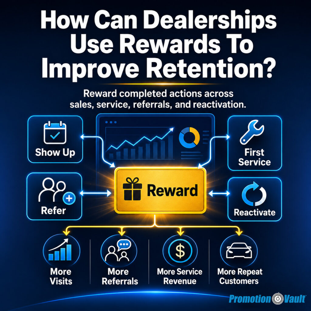 Infographic titled "How Can Dealerships Use Rewards To Improve Retention?" explaining that dealerships can "Reward completed actions across sales, service, referrals, and reactivation." A central "Reward" card connects to customer actions including "Show Up," "First Service," "Refer," and "Reactivate," with retention outcomes shown as "More Visits," "More Referrals," "More Service Revenue," and "More Repeat Customers."