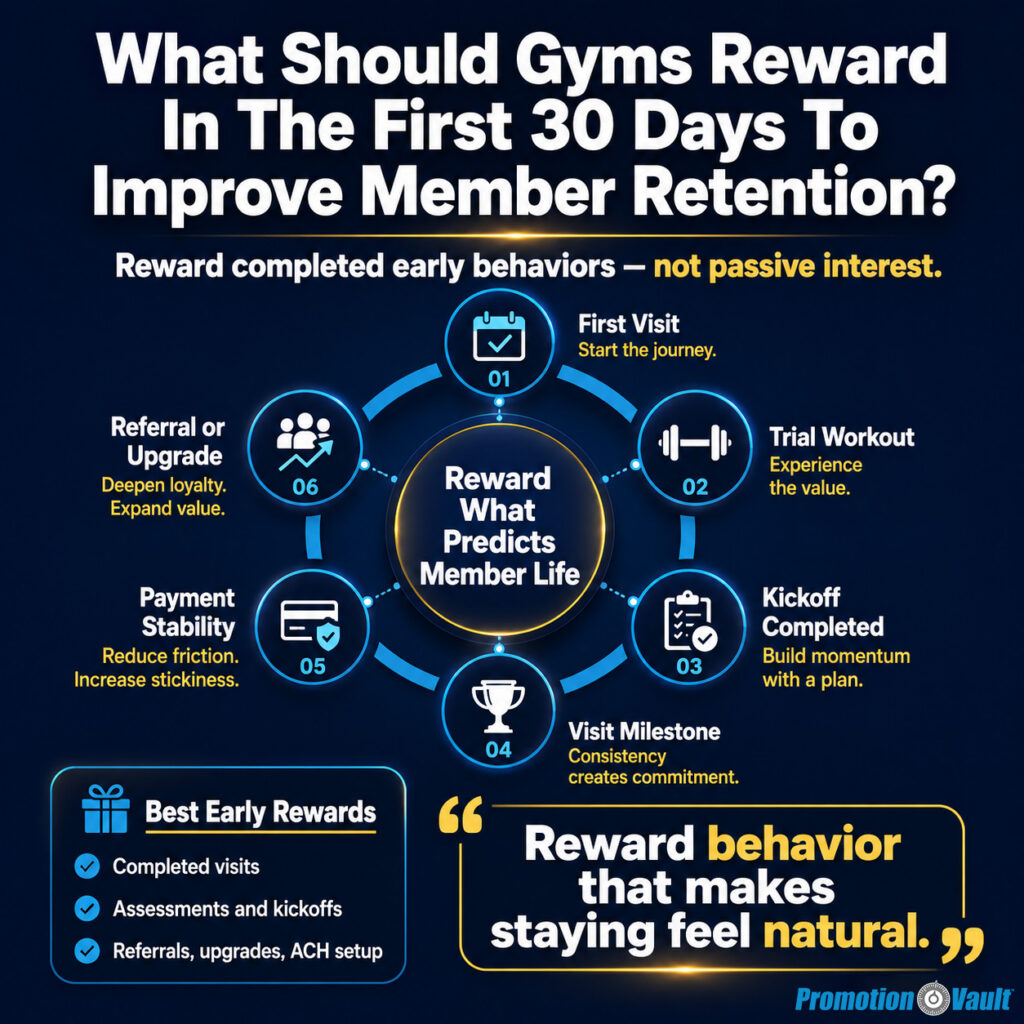 Featured image for an article titled ‘What Should Gyms Reward In The First 30 Days To Improve Member Retention?’ on a dark muted blue gradient background. White bold text states ‘Reward completed early behaviors — not passive interest.’ A central circular graphic reads ‘Reward What Predicts Member Life’ and is surrounded by six labeled milestones: ‘First Visit,’ ‘Trial Workout,’ ‘Kickoff Completed,’ ‘Visit Milestone,’ ‘Payment Stability,’ and ‘Referral or Upgrade.’ A side section titled ‘Best Early Rewards’ lists ‘Completed visits,’ ‘Assessments and kickoffs,’ and ‘Referrals, upgrades, ACH setup.’ A highlighted line says ‘Reward behavior that makes staying feel natural.’ The image uses cerulean blue and warm yellow accents and a premium data-driven editorial style.