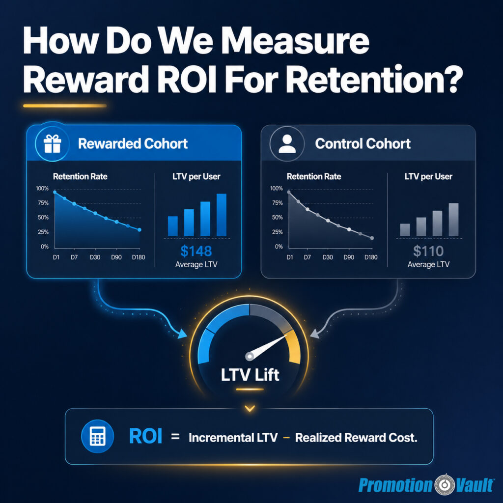 Promotion Vault square featured image titled ‘How Do We Measure Reward ROI For Retention?’ showing Rewarded Cohort and Control Cohort dashboard cards, average LTV values of $148 and $110, an LTV Lift gauge, and the reward ROI formula ‘Incremental LTV − Realized Reward Cost.’