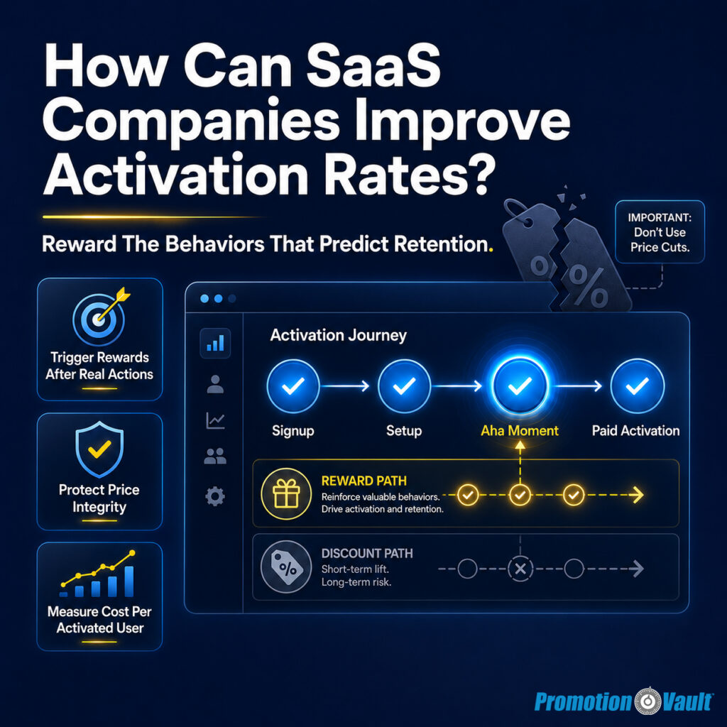 A square Promotion Vault article graphic with a premium dark blue SaaS dashboard layout. The headline reads “How Can SaaS Companies Improve Activation Rates?” and the supporting line reads “Reward The Behaviors That Predict Retention.” The central “Activation Journey” moves from “Signup” to “Setup” to “Aha Moment” to “Paid Activation,” using glowing blue checkmarks to show completed activation behaviors. A bright “REWARD PATH” emphasizes “Reinforce valuable behaviors” and “Drive activation and retention,” while a dimmed “DISCOUNT PATH” warns of “Short-term lift” and “Long-term risk.” Supporting callouts read “Trigger Rewards After Real Actions,” “Protect Price Integrity,” and “Measure Cost Per Activated User,” showing how SaaS teams can improve activation without price cuts.