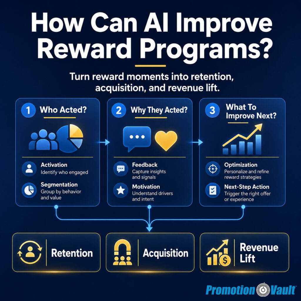 A 1:1 Promotion Vault infographic titled “How Can AI Improve Reward Programs?” with the subhead “Turn reward moments into retention, acquisition, and revenue lift.” Three connected panels show “Who Acted?”, “Why They Acted?”, and “What To Improve Next?” with supporting labels for “Activation,” “Segmentation,” “Feedback,” “Motivation,” “Optimization,” and “Next-Step Action.” The insights flow into outcome boxes labeled “Retention,” “Acquisition,” and “Revenue Lift.”