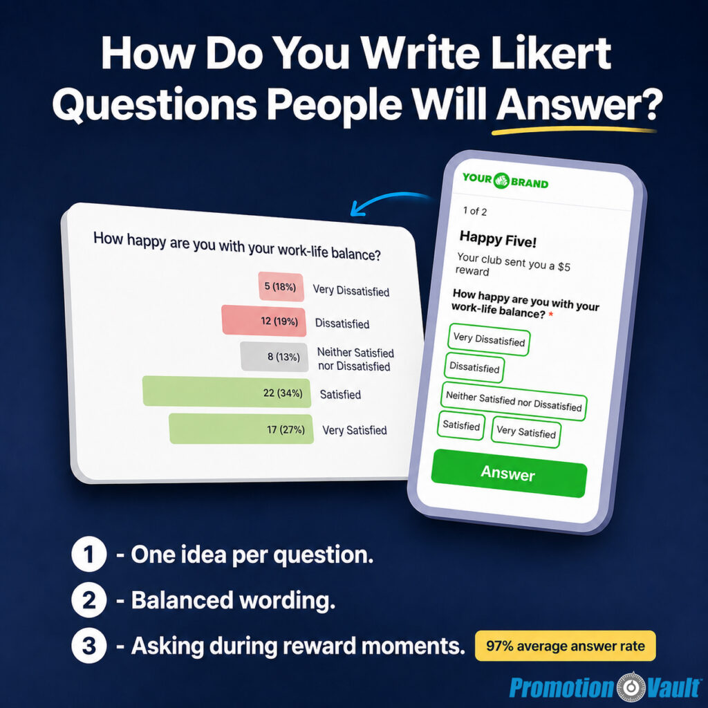 Square infographic titled “How Do You Write Likert Questions People Will Answer?” A smartphone displays a five-point work-life-balance survey beside a visual response breakdown from very dissatisfied to very satisfied. The design highlights clear single-topic questions, balanced response wording, and reward-moment surveys that achieve a 97% average answer rate.