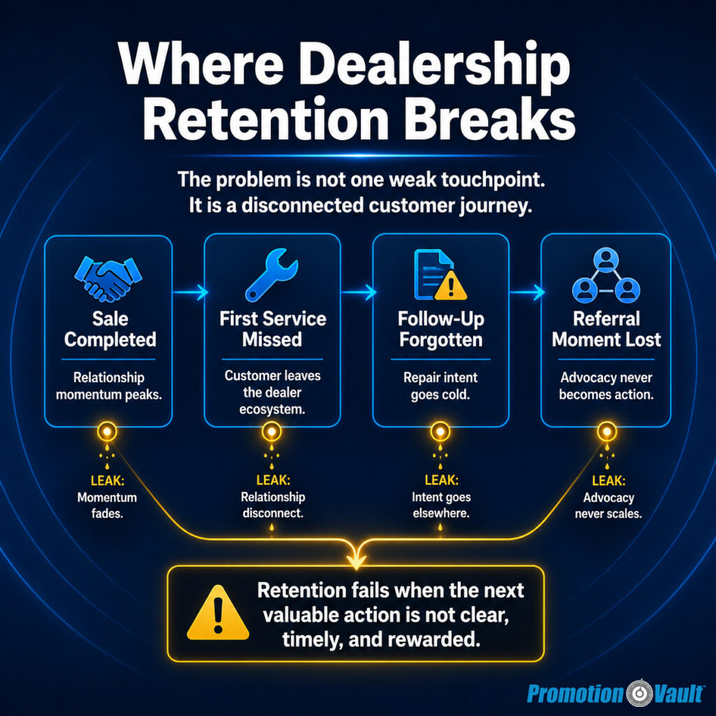 Infographic titled "Where Dealership Retention Breaks" explaining that "The problem is not one weak touchpoint. It is a disconnected customer journey." The visual shows four breakdown points — "Sale Completed," "First Service Missed," "Follow-Up Forgotten," and "Referral Moment Lost" — with leaks labeled "Momentum fades," "Relationship disconnect," "Intent goes elsewhere," and "Advocacy never scales." The takeaway says "Retention fails when the next valuable action is not clear, timely, and rewarded."