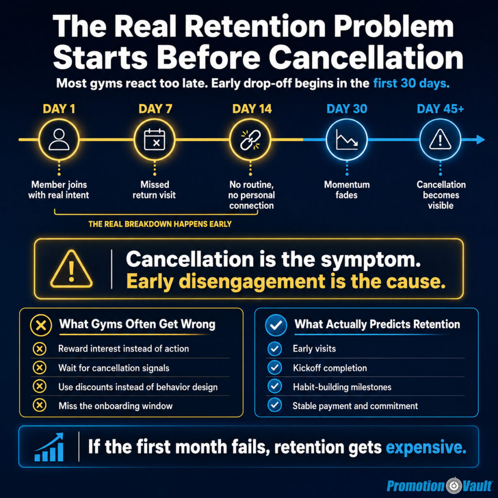 Infographic titled ‘The Real Retention Problem Starts Before Cancellation’ on a dark muted blue gradient background. A subtitle says ‘Most gyms react too late. Early drop-off begins in the first 30 days.’ A timeline shows ‘Day 1 — Member joins with real intent,’ ‘Day 7 — Missed return visit,’ ‘Day 14 — No routine, no personal connection,’ ‘Day 30 — Momentum fades,’ and ‘Day 45+ — Cancellation becomes visible.’ A highlighted callout says ‘Cancellation is the symptom. Early disengagement is the cause.’ A section titled ‘What Gyms Often Get Wrong’ lists ‘Reward interest instead of action,’ ‘Wait for cancellation signals,’ ‘Use discounts instead of behavior design,’ and ‘Miss the onboarding window.’ Another section titled ‘What Actually Predicts Retention’ lists ‘Early visits,’ ‘Kickoff completion,’ ‘Habit-building milestones,’ and ‘Stable payment and commitment.’ A bottom strip says ‘If the first month fails, retention gets expensive.’