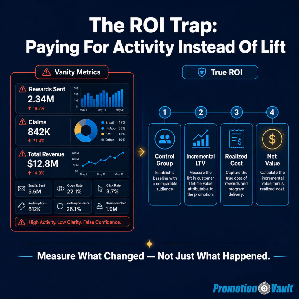 Promotion Vault infographic titled ‘The ROI Trap: Paying For Activity Instead Of Lift,’ contrasting vanity metrics like rewards sent, claims, and total revenue with true reward ROI measurement steps: control group, incremental LTV, realized cost, and net value.