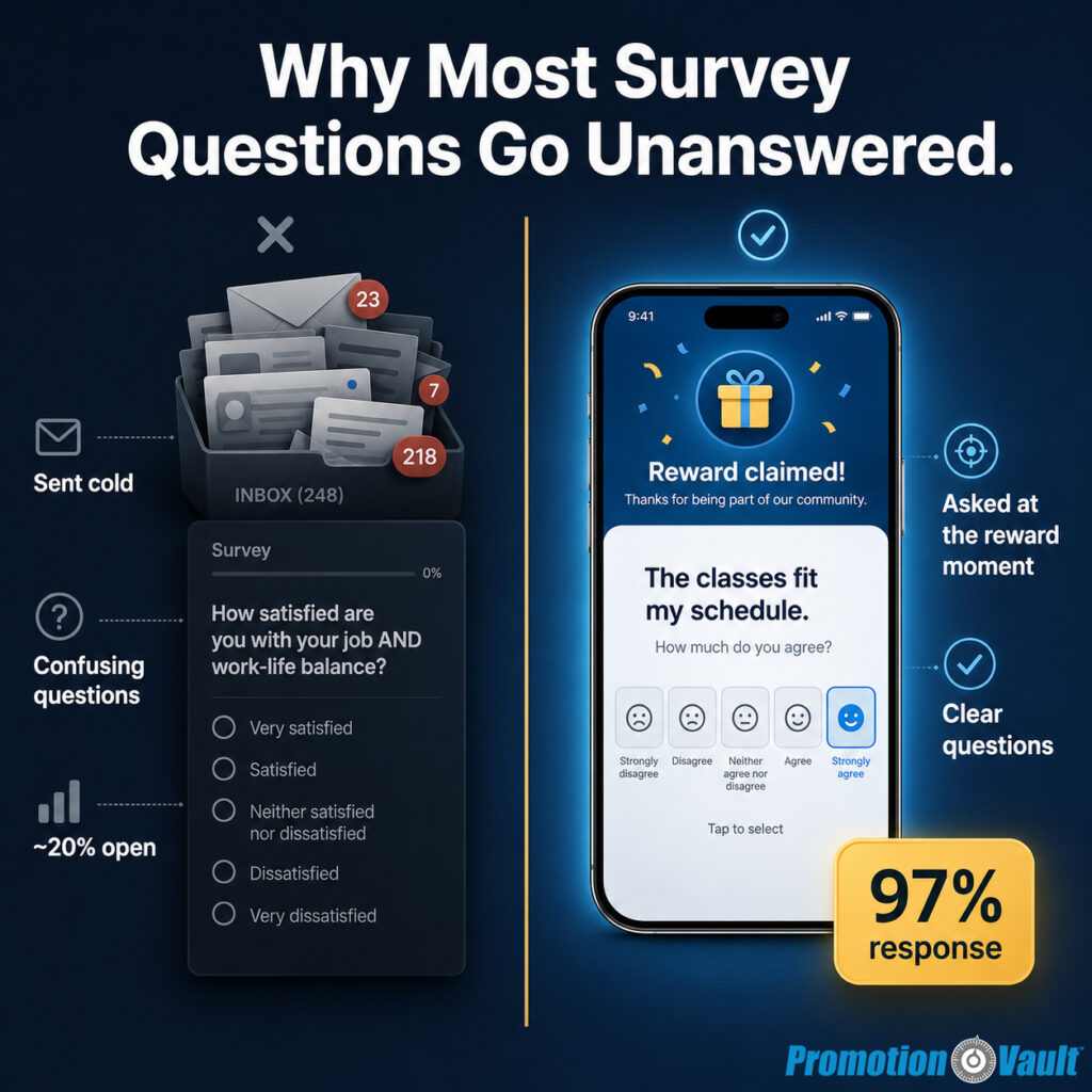 Split-screen Promotion Vault infographic comparing an ineffective cold survey with a reward-triggered mobile survey. The left side shows an overcrowded inbox, a confusing double-barreled question, and an approximately 20% open rate. The right side shows a claimed reward followed by a clear five-point agreement question and a 97% response-rate callout.