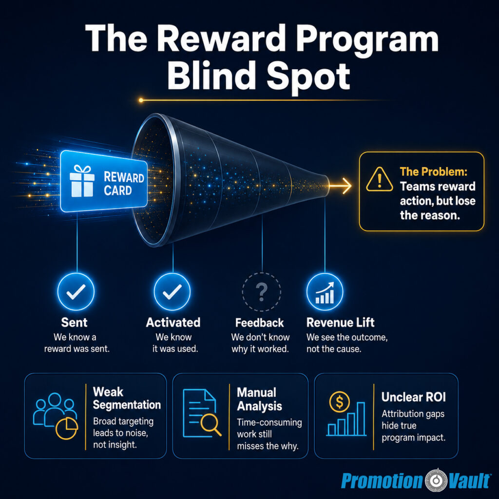 A 1:1 Promotion Vault infographic titled “The Reward Program Blind Spot” showing a “REWARD CARD” entering a dark funnel. Four signal points appear below the funnel: “Sent,” “Activated,” “Feedback,” and “Revenue Lift.” The “Feedback” node is dimmed with a question mark to show the missing reason behind performance. A callout reads, “The Problem: Teams reward action, but lose the reason.” Three failure cards highlight “Weak Segmentation,” “Manual Analysis,” and “Unclear ROI.”