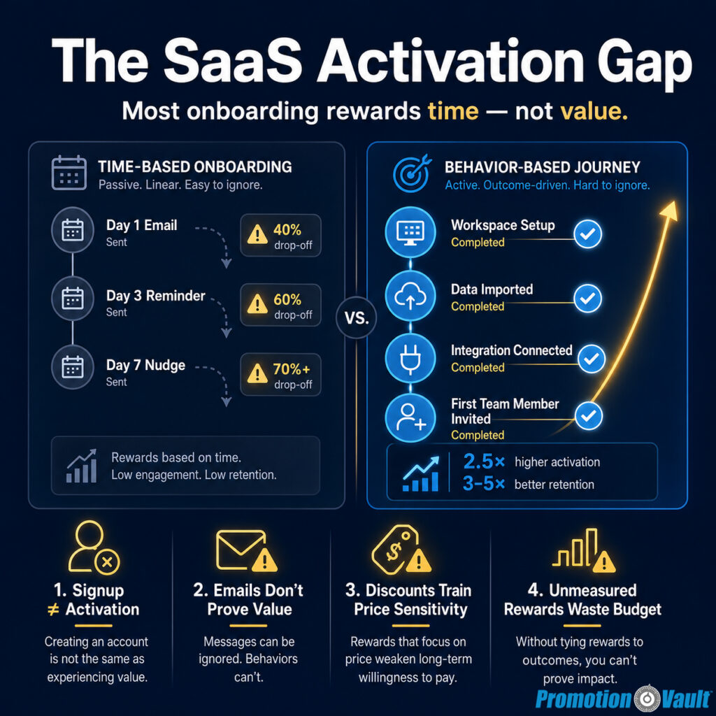 A square infographic titled “The SaaS Activation Gap” with the subhead “Most onboarding rewards time — not value.” The left side compares weak “TIME-BASED ONBOARDING” with a passive timeline labeled “Day 1 Email,” “Day 3 Reminder,” and “Day 7 Nudge,” showing “40% drop-off,” “60% drop-off,” and “70%+ drop-off.” The right side shows a stronger “BEHAVIOR-BASED JOURNEY” labeled “Active. Outcome-driven. Hard to ignore,” with completed milestones for “Workspace Setup,” “Data Imported,” “Integration Connected,” and “First Team Member Invited.” Four problem callouts explain “Signup ≠ Activation,” “Emails Don’t Prove Value,” “Discounts Train Price Sensitivity,” and “Unmeasured Rewards Waste Budget,” showing why SaaS activation should be tied to completed behaviors rather than calendar-based messages.