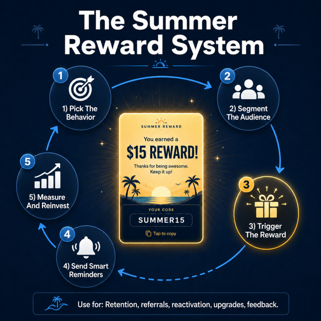 A square infographic on a premium dark muted blue background titled “The Summer Reward System.” In the center is a glowing digital reward card that reads “You earned a $15 reward” with a summer-themed beach illustration and a sample code, “SUMMER15.” Around the reward card is a circular five-step process connected by blue arrows. Step 1 is “Pick The Behavior” with a target icon. Step 2 is “Segment The Audience” with a group icon. Step 3 is “Trigger The Reward” with a gift icon and a warm yellow highlight. Step 4 is “Send Smart Reminders” with a notification bell icon. Step 5 is “Measure And Reinvest” with an upward-trending chart icon. At the bottom, a footer line says: “Use for: Retention, referrals, reactivation, upgrades, feedback.”