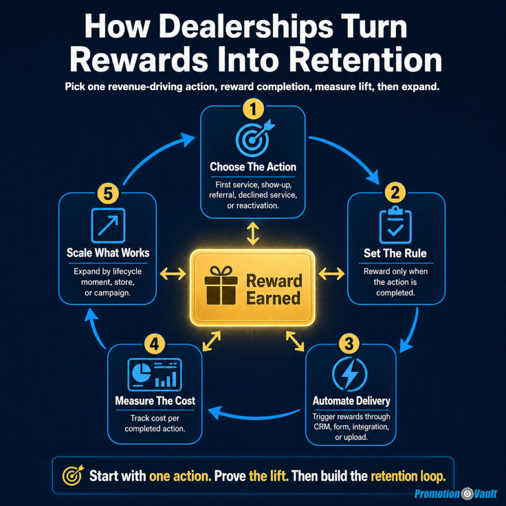 Infographic titled "How Dealerships Turn Rewards Into Retention" showing a five-step dealership reward program. The framework says to "Pick one revenue-driving action, reward completion, measure lift, then expand," then walks through "Choose The Action," "Set The Rule," "Automate Delivery," "Measure The Cost," and "Scale What Works." A central "Reward Earned" card connects the steps, with the takeaway "Start with one action. Prove the lift. Then build the retention loop."