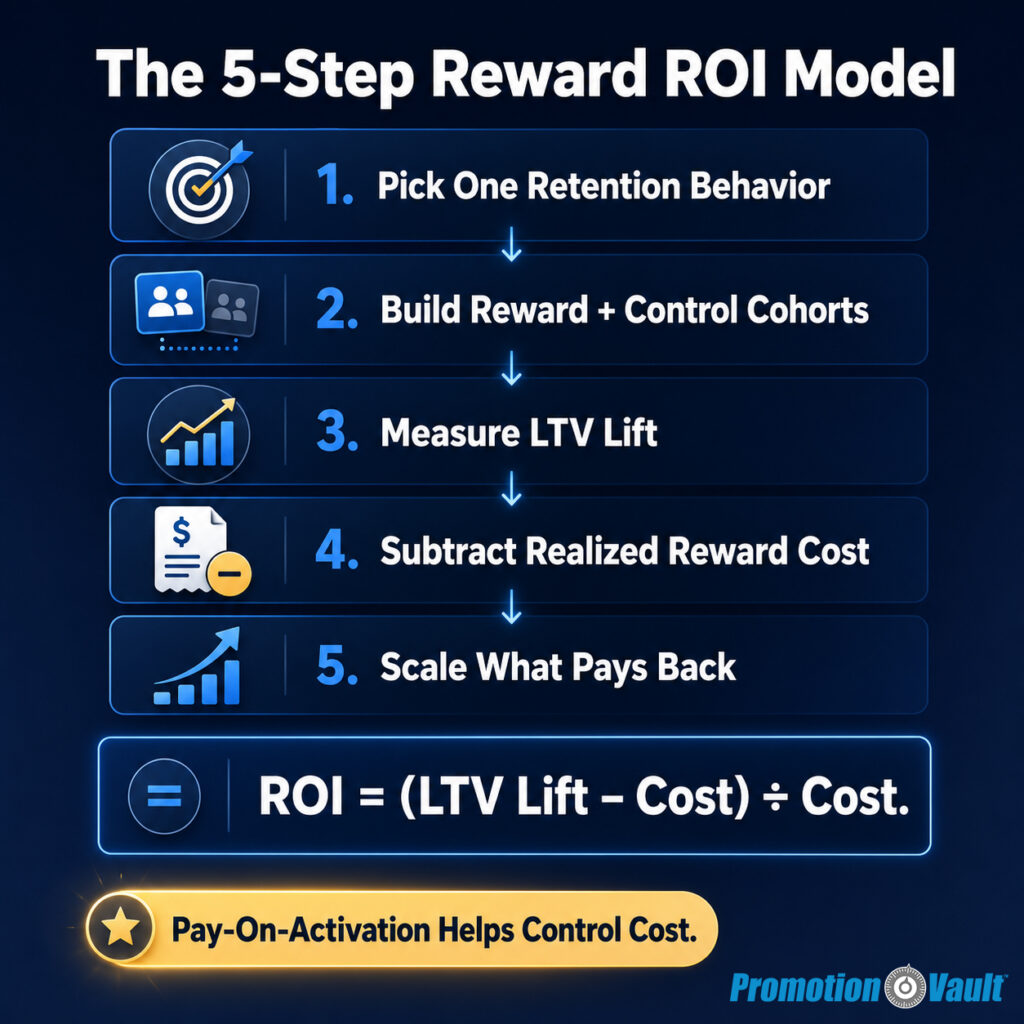 Promotion Vault infographic titled ‘The 5-Step Reward ROI Model,’ showing how to measure reward ROI by picking one retention behavior, building reward and control cohorts, measuring LTV lift, subtracting realized reward cost, and scaling what pays back.