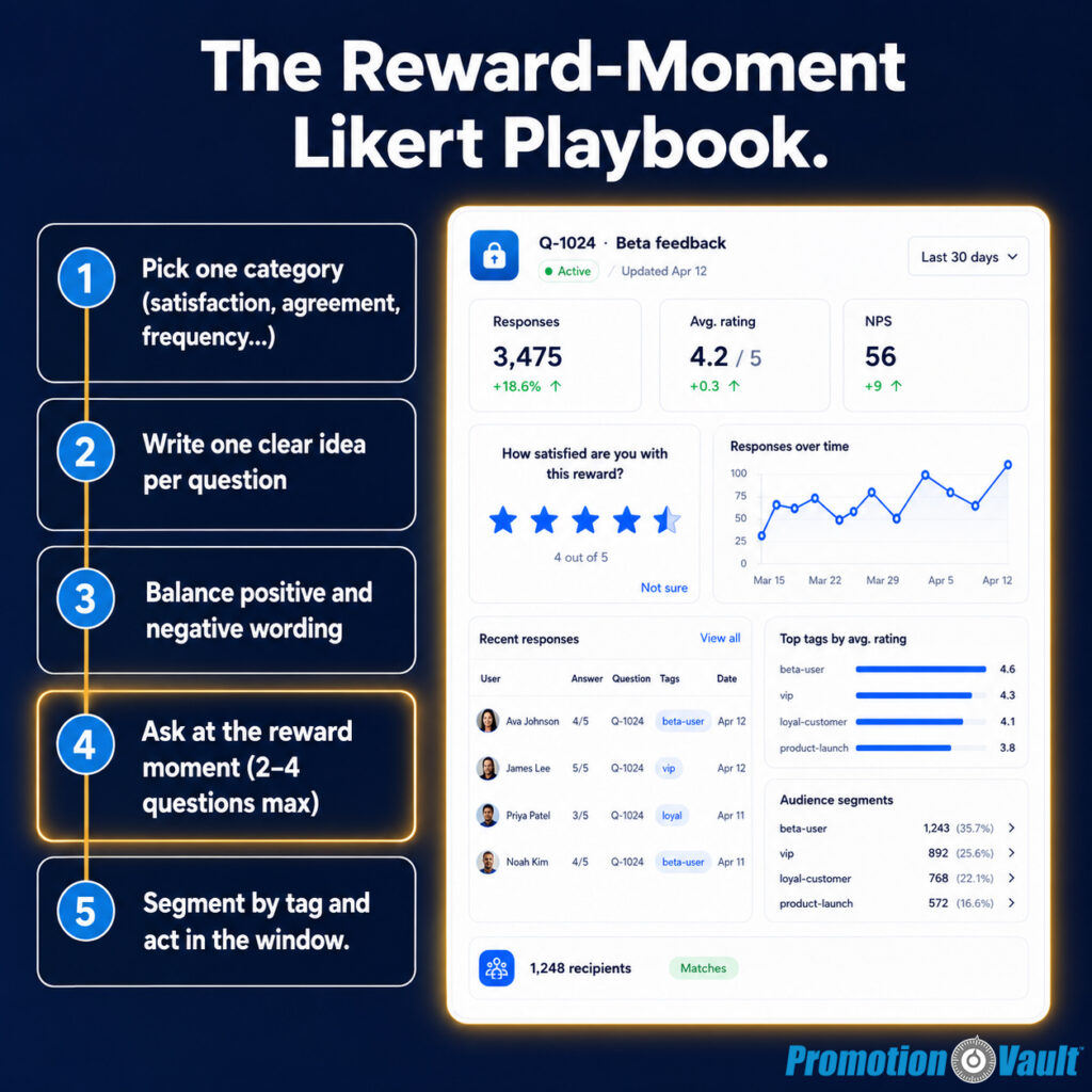Promotion Vault infographic presenting a five-step reward-moment Likert survey playbook: choose one response category, write one clear idea per question, balance positive and negative wording, ask two to four questions during the reward moment, and segment responses by tag. An illustrative Data Vault dashboard shows 3,475 responses, a 4.2-out-of-5 average rating, NPS of 56, response trends, audience segments, recent answers, and tag-level analysis.