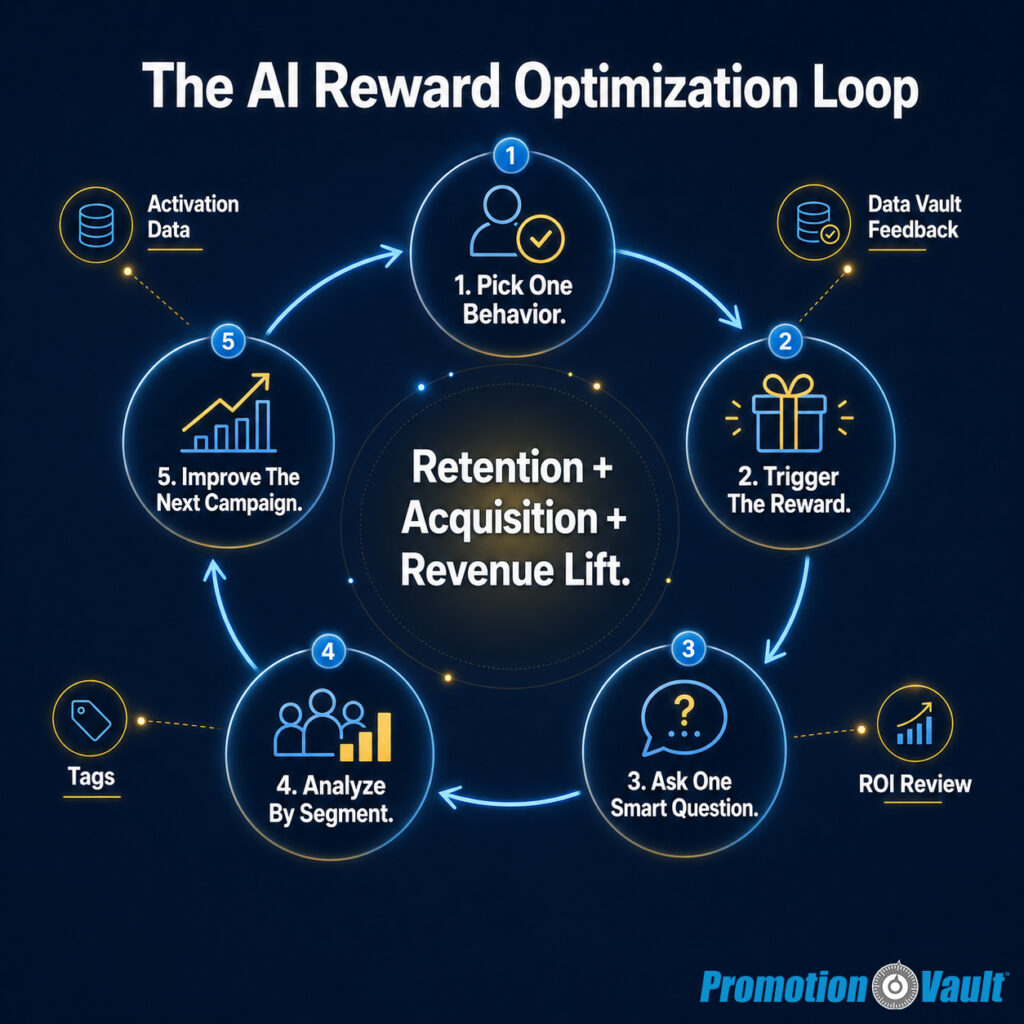A 1:1 Promotion Vault infographic titled “The AI Reward Optimization Loop” showing a five-step circular process for improving reward programs with AI and Data Vault. The loop includes “1. Pick One Behavior,” “2. Trigger The Reward,” “3. Ask One Smart Question,” “4. Analyze By Segment,” and “5. Improve The Next Campaign.” The center outcome reads “Retention + Acquisition + Revenue Lift.” Supporting labels around the loop include “Activation Data,” “Data Vault Feedback,” “Tags,” and “ROI Review.”