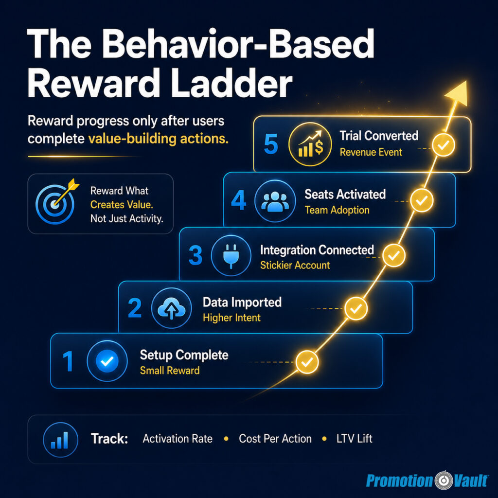A square Promotion Vault solution infographic titled “The Behavior-Based Reward Ladder” with the subhead “Reward progress only after users complete value-building actions.” A glowing stepped ladder moves upward through five SaaS activation milestones: “Setup Complete” with “Small Reward,” “Data Imported” with “Higher Intent,” “Integration Connected” with “Stickier Account,” “Seats Activated” with “Team Adoption,” and “Trial Converted” with “Revenue Event.” A side note reads “Reward What Creates Value. Not Just Activity.” A measurement footer reads “Track: Activation Rate • Cost Per Action • LTV Lift.” The graphic explains how SaaS teams can improve activation without discounting by rewarding completed behaviors that predict retention and measuring the business impact of each reward.